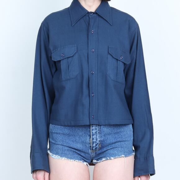 Vintage 70s Wool / Cotton Crop Navy Button Up Shirt M - Picture 1 of 6